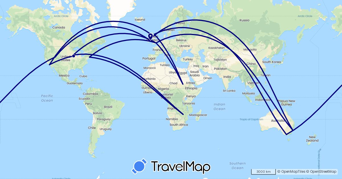 TravelMap itinerary: driving in Australia, United Kingdom, Ireland, Sudan, United States, Zimbabwe (Africa, Europe, North America, Oceania)